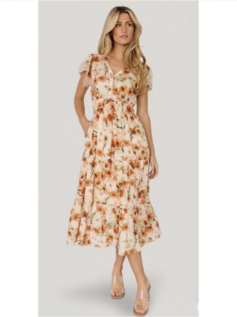 Floral Baltic Born Aliyah midi dress with lace trim sleeves and v neck button up